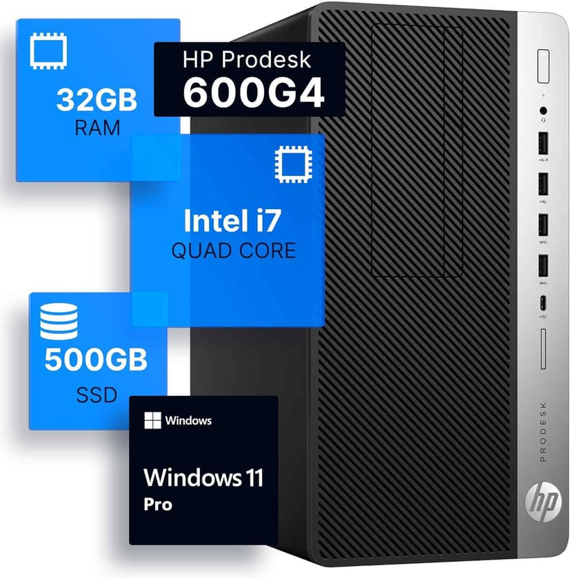 HP ProDesk 600G4 Tower Desktop Computer | Intel i7-8700 (3.4) | 32GB DDR4 RAM | 500GB SSD Solid State | Wi-Fi 5G + Bluetooth | Windows 11 Professional | Home or Office PC (Renewed)