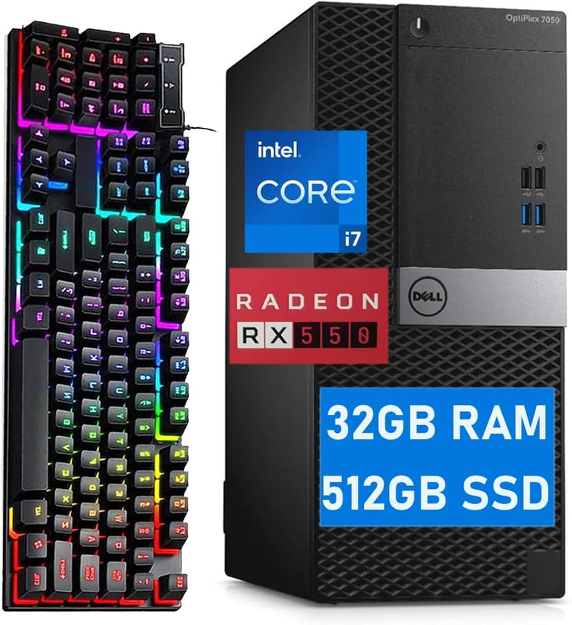 Dell Optiplex 7050 MT Tower Desktop Computer PC i7 w/ RX550 Graphics Card for Gaming and Business, 7050 Tower Computer Core i7-6700, 32GB RAM, 512GB SSD, RGB Keyboard, 4K Support, Win10 pro(Renewed)