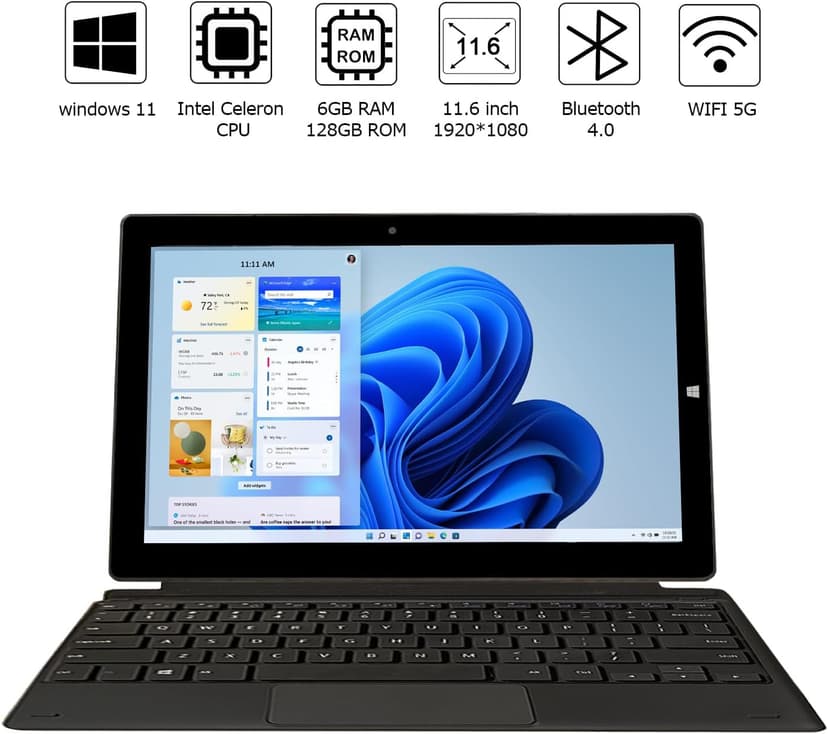 Windows Tablet with Keyboard, 11.6 inch 2-in-1 Tablets Laptops Touchscreen Windows 11, Intel Celeron, 1920 * 1080 IPS 6GB RAM 128GB EMMC 2.4G/5G WiFi Bluetooth HDMI USB