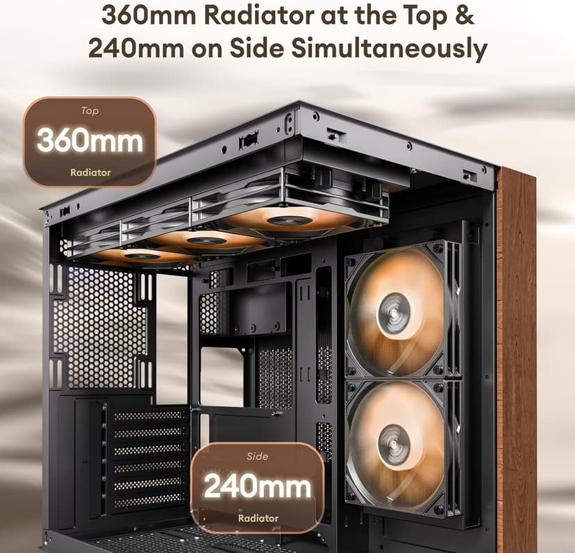 Genuine Walnut Wood PC Case, Pre-Installed 4 x 120mm ARGB & PWM Fans, Type-C Port, Panoramic View Tempered Glass Side Panel, Black, ATX Case, Mid-Tower, Mirage 6