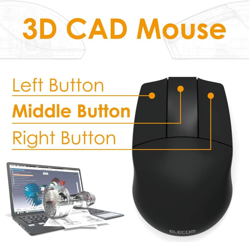 ELECOM -Japan Brand- Wireless 2.4GHz Connection, Basic 3D-CAD Mouse, No Scroll Wheel, 3 Button Computer Mouse with Smooth Optical Tracking, Blue LED, 600/1200 DPI, for Windows/Mac (M-CAD01DBBK)