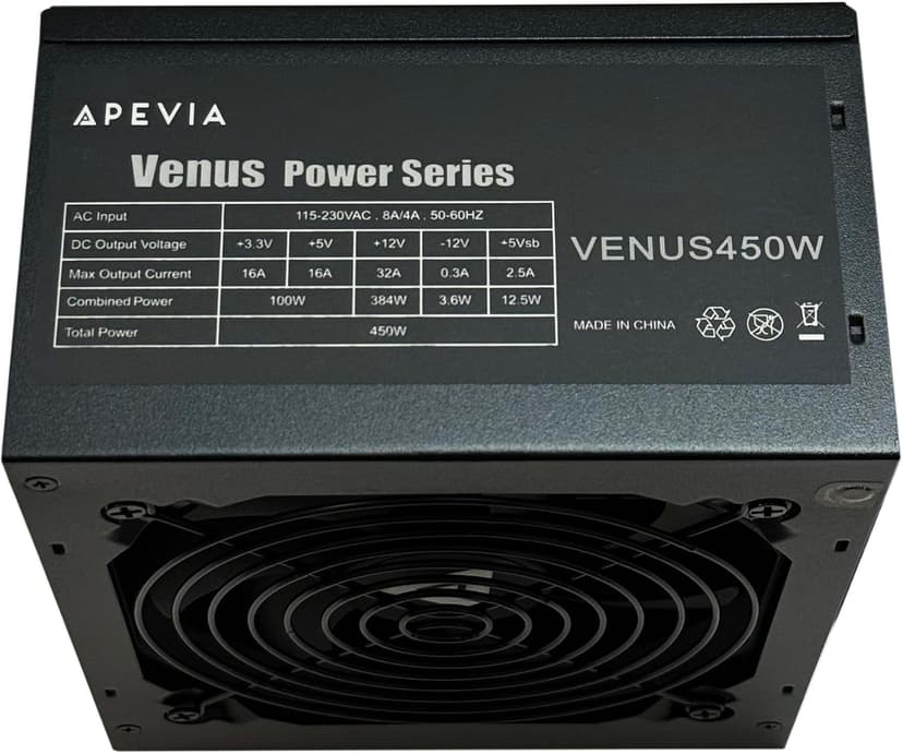 APEVIA VENUS450W 450W ATX Power Supply with Auto-Thermally Controlled 120mm Fan, 115/230V Switch, All Protections