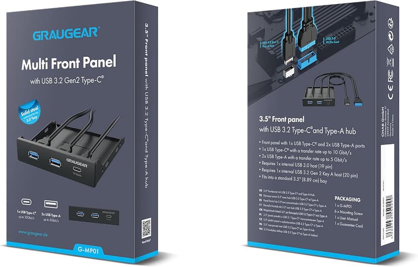 GRAUGEAR 3.5 Inch Front Panel USB Hub, Internal USB Hub with 20Gbps USB3.2 Gen2 USB-C and USB 3.0 Ports, USB3.2 Type-E Key-A 20-Pin Header & USB3.0 Header Required, Fits 3.5" PC Computer Case [G-MP01]
