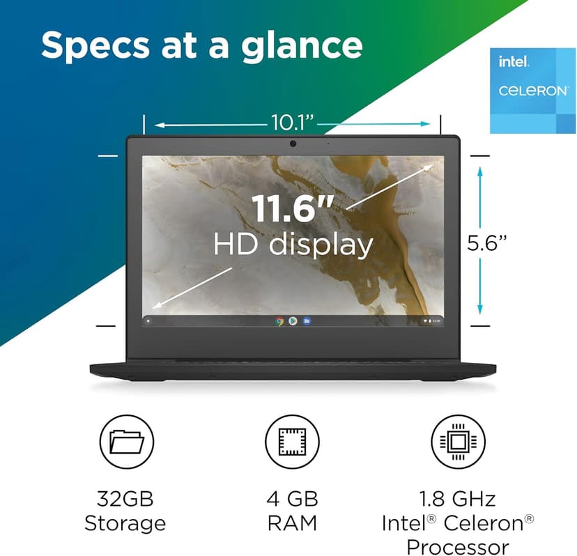 Lenovo IdeaPad 3 11 Chromebook Laptop,11.6" HD Display,Intel Celeron N4020, 4GB RAM, 64GB Storage, UHD Graphics 600, Chrome OS, Onyx Black