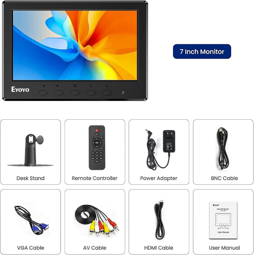 Eyoyo Mini Monitor 7 Inch Small HDMI Monitor 1024x600 LCD Screen Display HMDI AV VGA BNC USB Input for PC CCTV Security Camera Computer Laptop RasPi