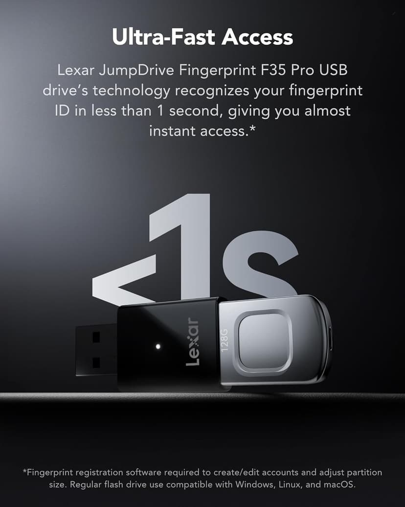 Lexar 128GB JumpDrive Fingerprint F35 PRO USB 3.2 Gen 1 Flash Drive, Up to 400/300 MB/s Read/Write, Storage Expansion and Backup, 256-bit AES & Fingerprint Encryption (LJDF35P128G-RNBNG)
