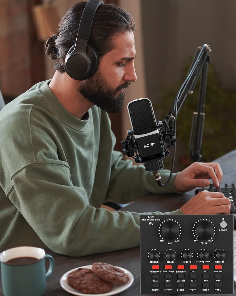 Podcast Equipment Bundle, All-in-One Audio Interface with Studio Condenser Microphone Perfect for Podcasting, Recording, Singing, Streaming and Gaming, PC, Smartphone, YouTube, TikTok (V8)