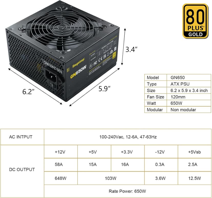 Segotep 650W 80 Plus Gold Certified Non-Modular ATX Power Supply with 6+2 Pin Connectors PFC Protection and RoHS Compliance, 120mm Silent Fan Gaming PSU GN-650 Black