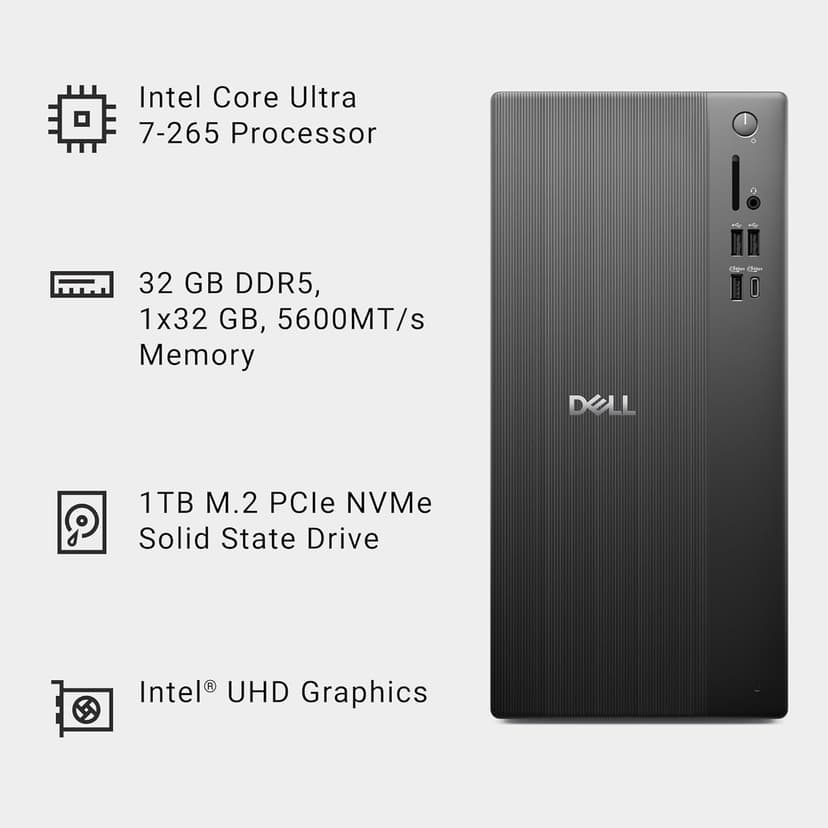 Dell Tower Desktop ECT1250 - Intel Core Ultra 7-265 Processor, Intel UHD Graphics, 16GB DDR5 5600MT/s Memory, 1TB M.2 SSD, 3.0 SD Card Reader, Wired Keyboard and Mouse, Basic Onsite Service