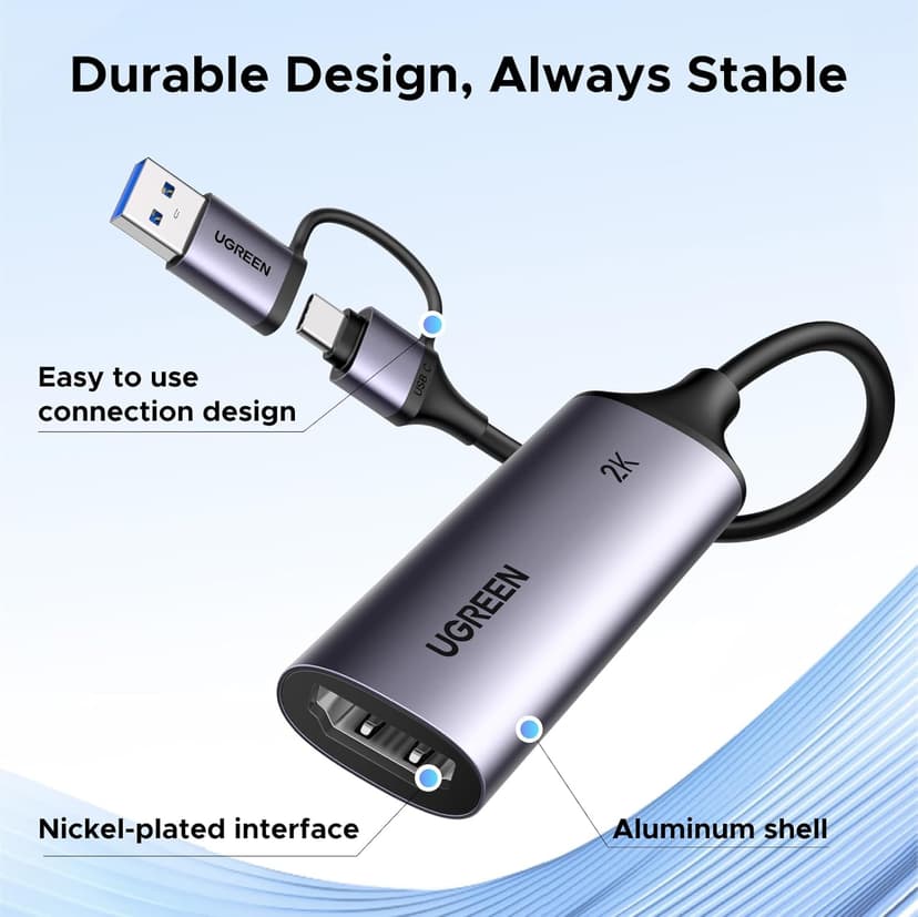 UGREEN 2K@30Hz Video Capture Card HDMI to USB 3.0 A and USB C Capture Device, 4K Input 1080P 60FPS with Low Latency for Streaming Game Recording Compatible with Switch 2/Xbox/PS4/PS5/PC/Camera