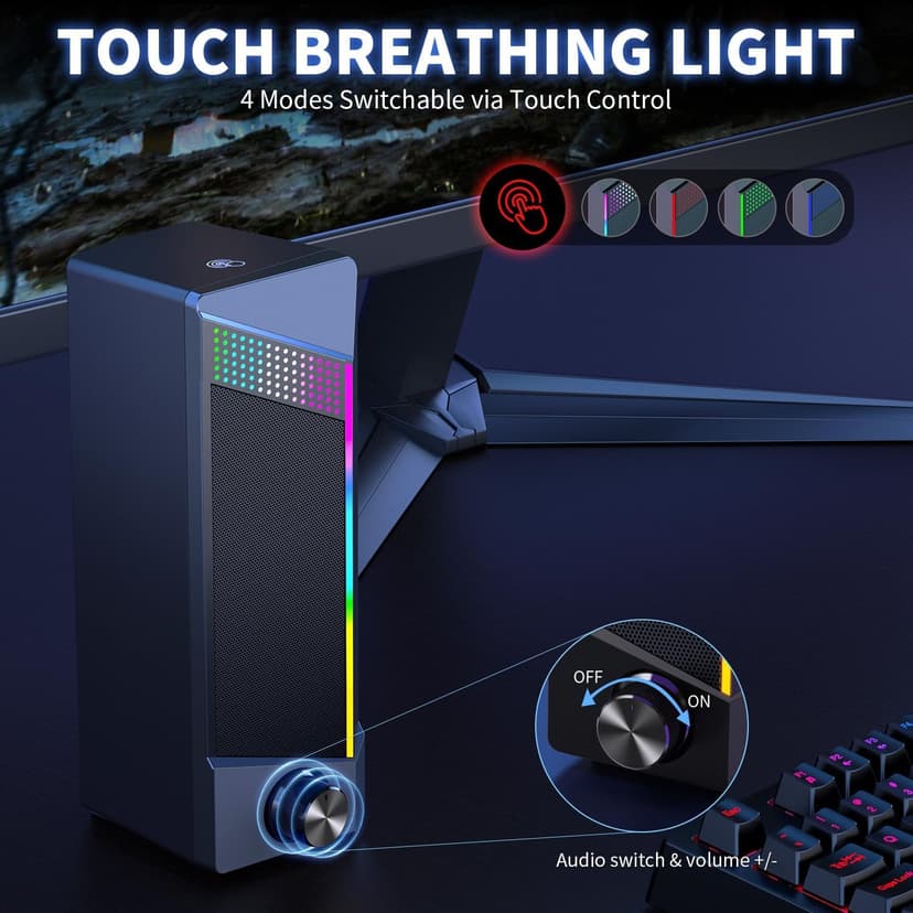 Computer Speakers, 2 in 1 PC Speaker , Gaming Speakers for PC Computer Laptop Desktop Monitor, RGB Speakers with Touch Sensitive Lighting, USB Powered 3.5mm Aux（Package Only Two Speaker, No Soundbar）