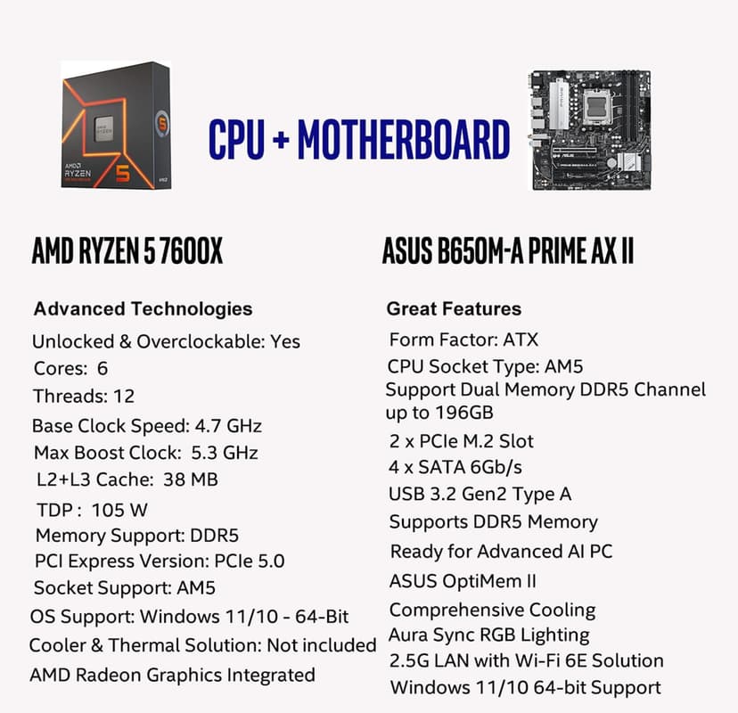 MICRO CENTER AMD Ryzen 5 7600X CPU Processor with ASUS Prime B650M-A AX II Micro ATX Motherboard