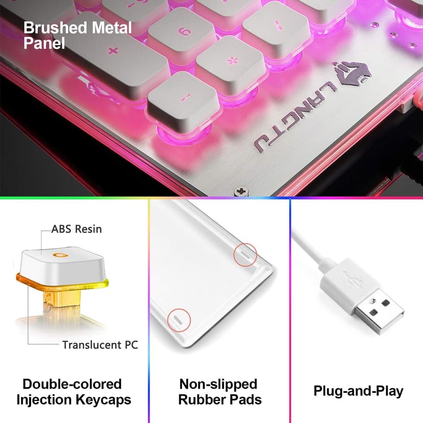 LANGTU Membrane Gaming Keyboard, Rainbow LED Backlit Quiet Keyboard for Office, USB Wired All-Metal Panel 25 Keys Anti-ghosting Computer Keyboard 104 Keys - L1 White/Silver