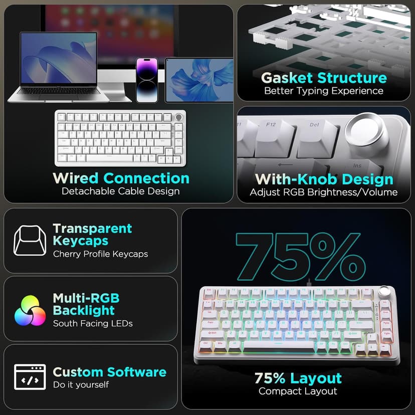 YUNZII B75 Mechanical Keyboard,75% Layout with Knob,Hot Swappable RGB Backlit Gasket Mounted, Creamy Typing, Double-Shot PBT Keycaps,Cherry Profile,for Win/Mac (White, Blue Grey Tactile Switch)