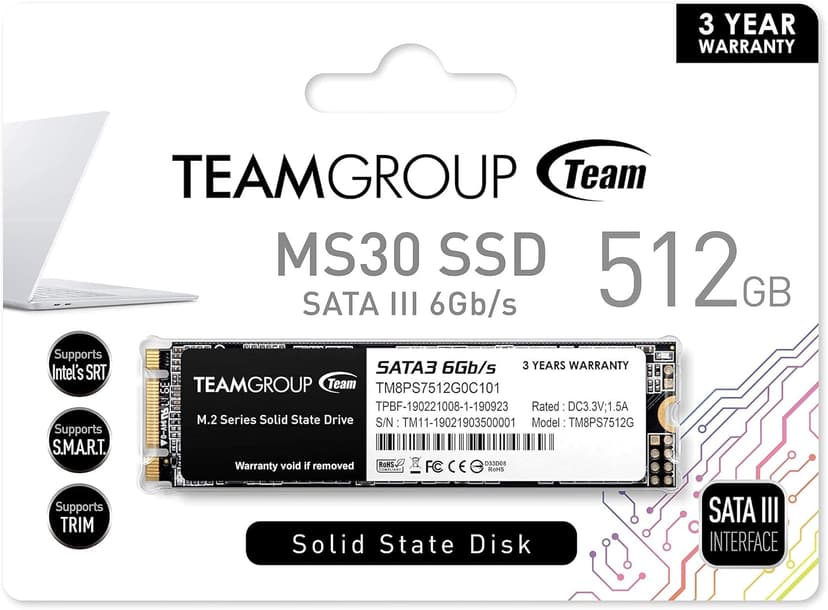 TEAMGROUP MS30 512GB with SLC Cache 3D NAND TLC M.2 2280 SATA III 6Gb/s Internal Solid State Drive SSD (Read/Write Speed up to 530/430 MB/s) Compatible with Laptop & PC Desktop TM8PS7512G0C101