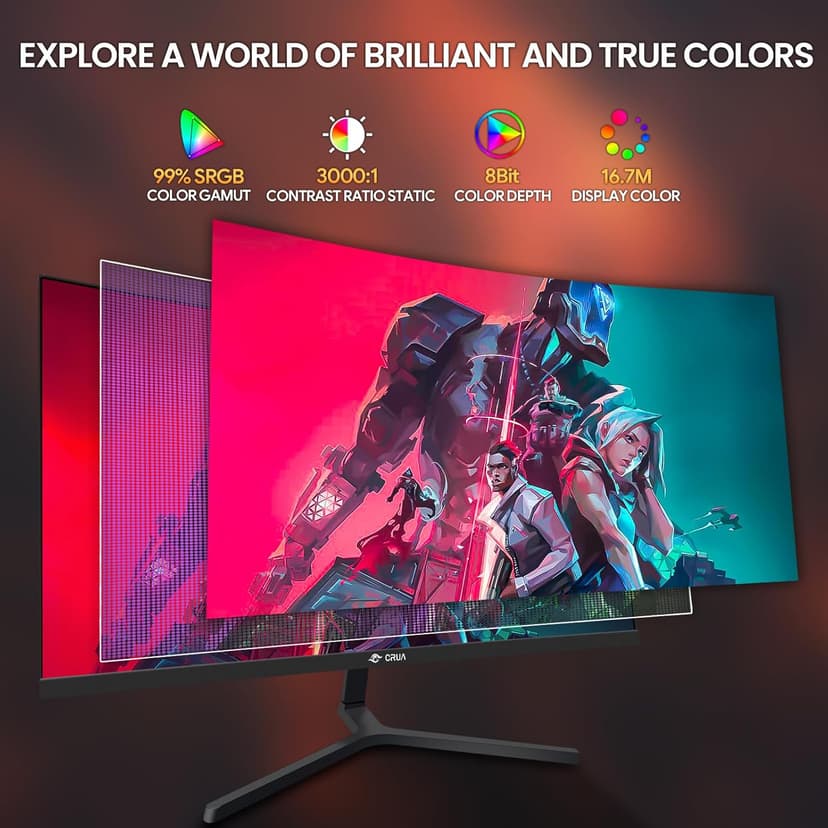 CRUA 24 Inch Curved Gaming Monitor, 144hz/165hz FHD 1080P Frameless Computer Monitor, PC Monitors Support AMD Freesync, 99% sRGB, DP, HDMI, Compatible Wall Mountable Installs-Black