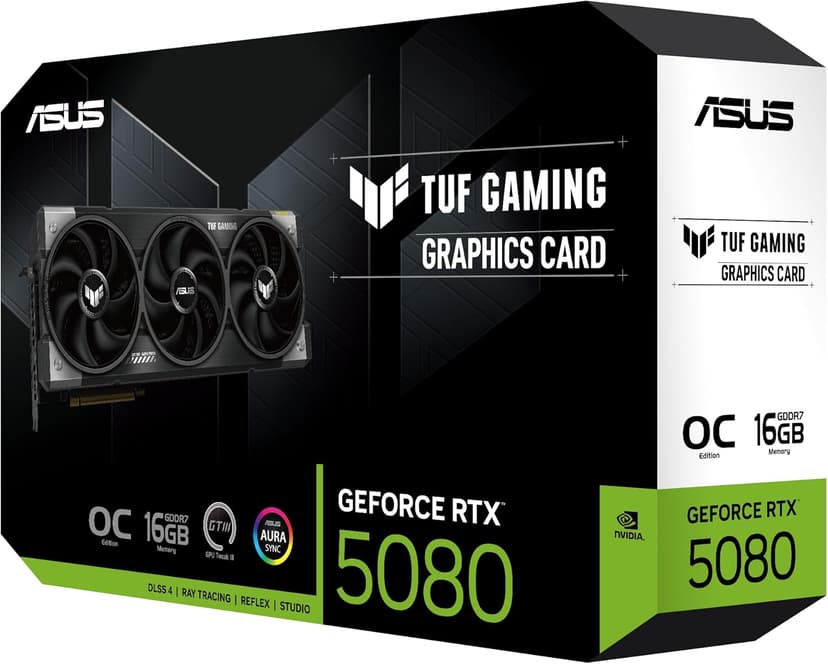 ASUS TUF Gaming GeForce RTX ™ 5080 16GB GDDR7 OC Edition Gaming Graphics Card (PCIe® 5.0, HDMI®/DP 2.1, 3.6-Slot, Military-Grade Components, Protective PCB Coating, axial-tech Fans, Vapor Chamber)