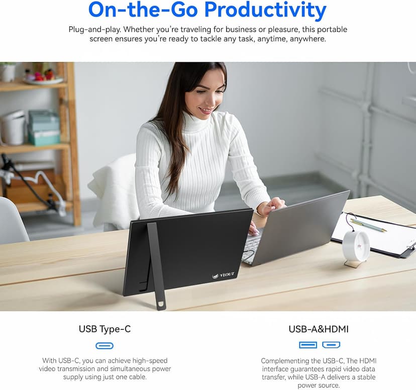 16" Portable Monitor, 1920×1200P IPS Laptop Screen with USB-C, HDMI Gaming Monitor with Kickstand, 0.3" Ultra-Slim for Travel/Office