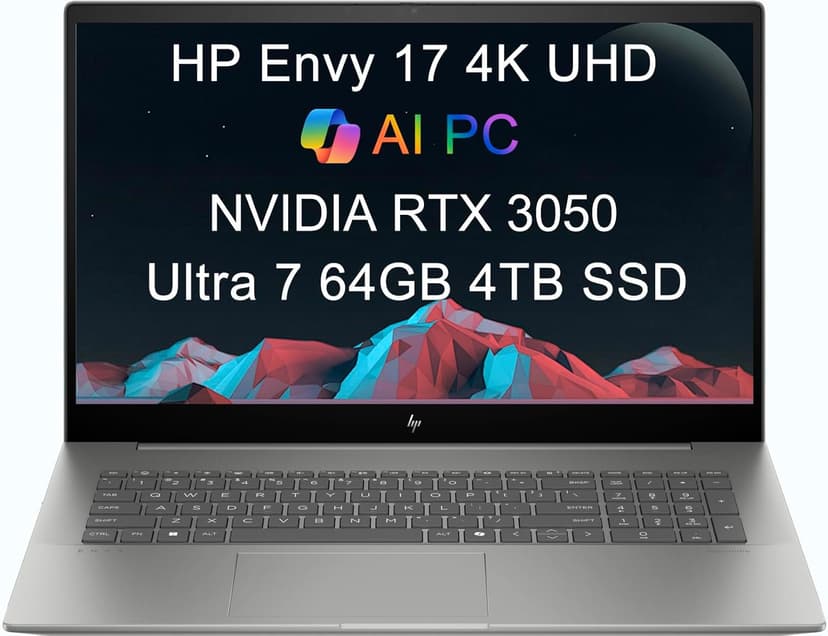 HP Envy 17 AI PC Laptop (17.3" 4K UHD (3840 x 2160), NVIDIA RTX 3050, Intel Core Ultra 7 155U (> i9-12900H), 64GB DDR5, 4TB SSD) for Business, Creator, Designer, IR Webcam, Wi-Fi 7, Win 11 Pro, 2025