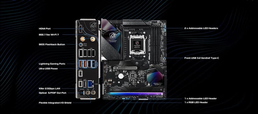 ASRock AMD B850 Phantom Gaming Riptide WiFi 7 Socket AM5 Ryzen 9000/8000/7000 Series DDR5 8000+ (OC) MHz 256GB ATX Motherboard M.2 SATA3 6.0 Gb/s PCIe 5.0