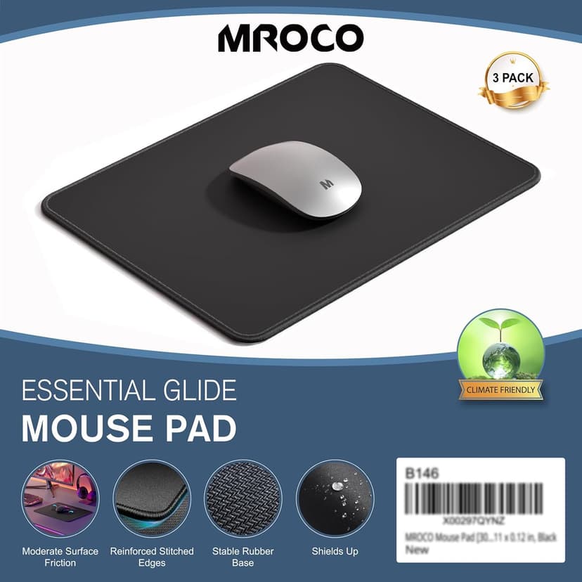 MROCO Mouse Pad [30% Larger] with Stitched Edges, 3 Pack Premium-Textured & Waterproof Mousepad Bulk with Non-Slip Rubber Base for Computers, Laptop, PC, Office & Home, 8.5 x 11 x 0.12 in, Black