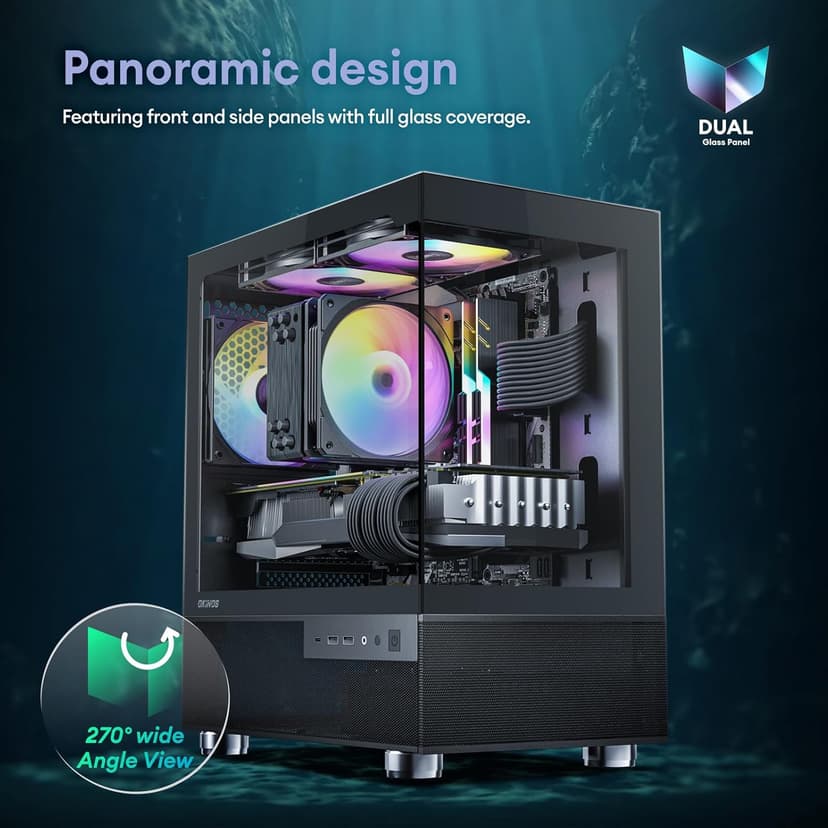 Aqua 3, Micro ATX Case, MATX PC Case with 3 X 120mm 3-Pin ARGB Fan Pre-Installed, Panoramic View Tempered Glass Front & Side Panel, with Type C Port, Black