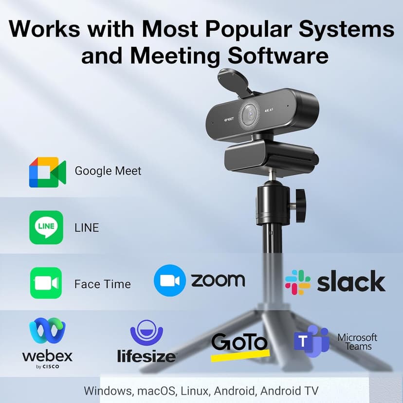 EMEET NOVA 4K Webcam with Tripod - 4K UHD, PDAF Autofocus, Adjustable Heights with 360° Swivel Head, 2 Noise-Cancelling Mics, USB Plug&Play, Privacy Cover, Ideal for Online Meetings&Live Streaming