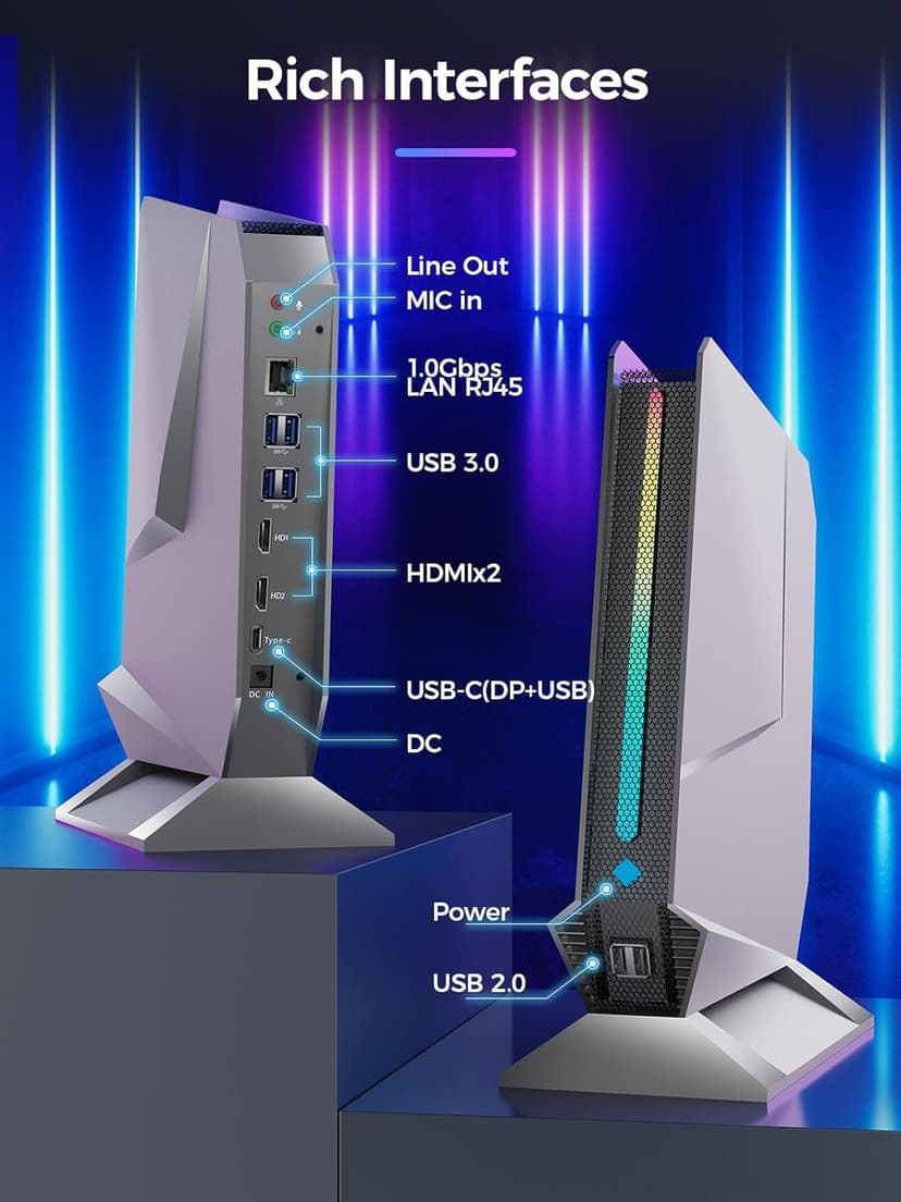 Mini Gaming PC Core i9-9980HK / GTX1650 4G, 32GB DDR4, 1TB PCIe4.0 SSD, RGB Lights, WiFi6E/BT5.3/1.0G LAN/2xHDMI 4K@60Hz Win11 Pro Mini Desktop PC Gaming Computer