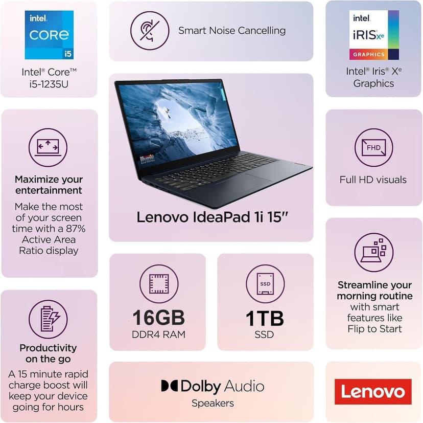 Lenovo IdeaPad (15.6" FHD Anti-Glare, Intel Core i5-1235U (> i7-1165G7), 16GB RAM, 1TB SSD), Laptop for Home, Student, Business, Webcam w/ Shutter, 10-Hour Long Battery Life, Win 11 Home in S Mode