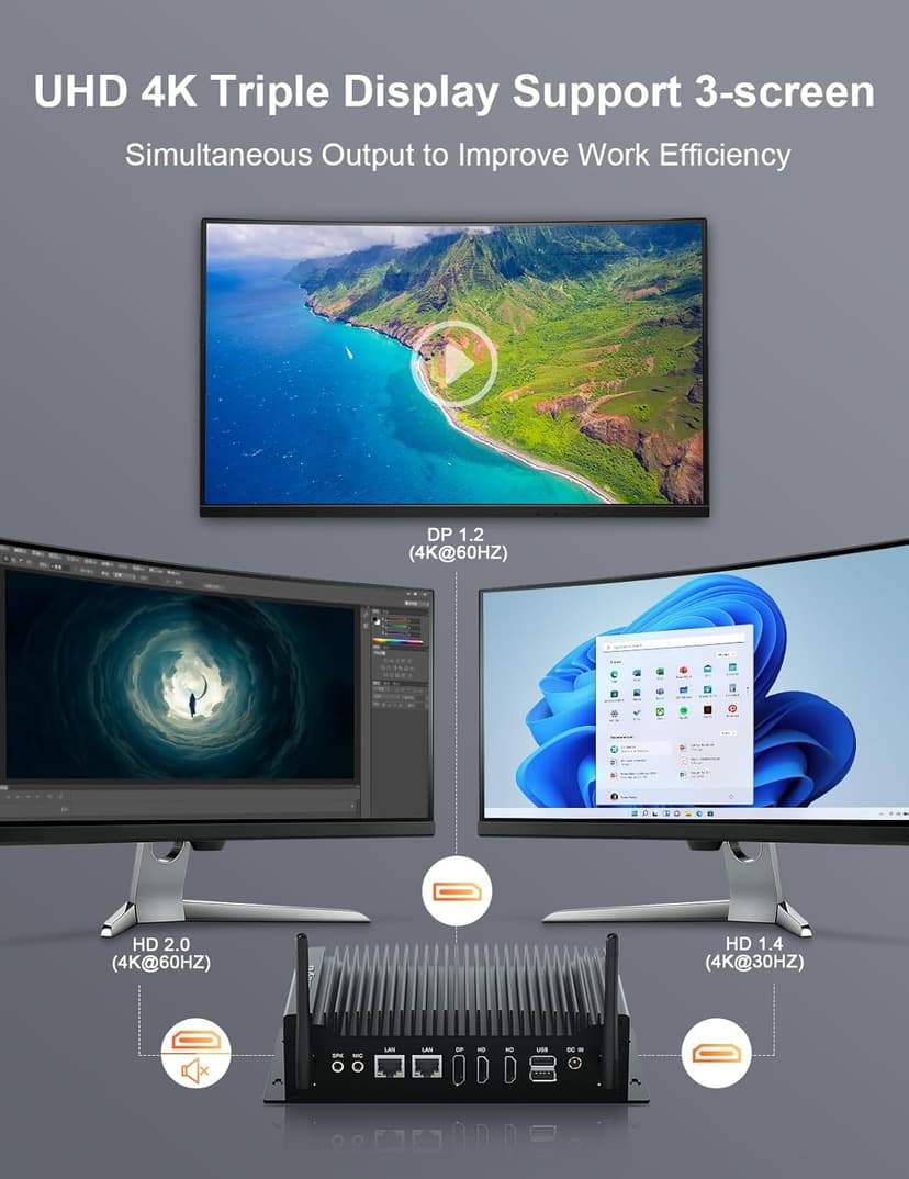 Baieyu Industrial PC with Core i3-10110U (Up to 4.10GHz), 8GB DDR4 RAM 256GB M.2 SSD, Fanless Industrial PC, 2×RS232 COM, Support RS422/RS485, 1×GPIO, 2×HD, 1×DP, 2×RJ45 LAN, 6×USB Port, Win 11 Pro