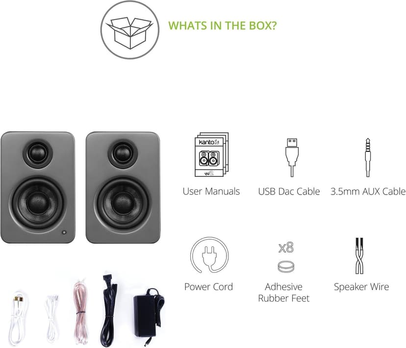 Kanto YU2MG PC Gaming Desktop Speakers | 3" Composite Drivers | 3/4" Silk Dome Tweeter | Class D Amplifier | 100 Watts | Built-in USB DAC | Subwoofer Output | Pair | Matte Grey