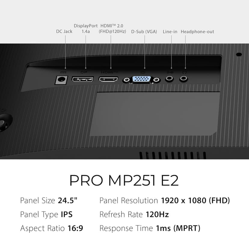 MSI PRO MP251 E2 24.5-inch IPS 1920 x 1080 (FHD) Gaming Office Monitor, 120Hz, Adaptive-Synch, HDR Ready, HDMI, VGA Port, Display Port,VESA Mountable, Tilt, Speaker, 1ms, Black