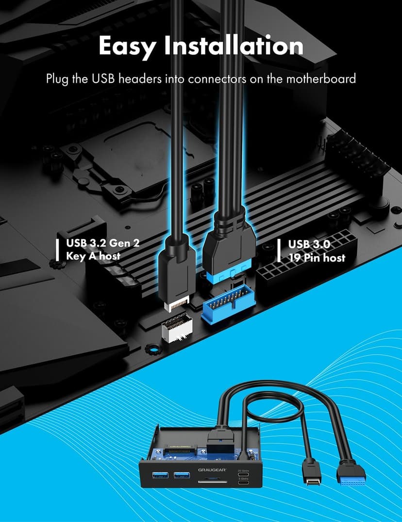 GRAUGEAR 3.5 Inch Front Panel USB C Hub, SD/microSD Internal Card Reader, 20Gbps USB 3.2 Gen 2x2, USB3.2 Type-E Key-A 20-Pin Header & USB3.0 Header & 15-Pin SATA Power Connector Required [G-MP01CR]