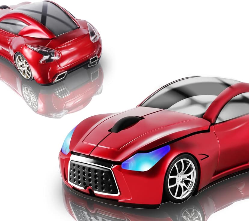 Elec Space Wireless Car-Shape Mouse With LED Headlights, 2.4G Unique for Kids, USB Receiver, 1600 DPI Cool Gaming for Laptop PC Computer-Red