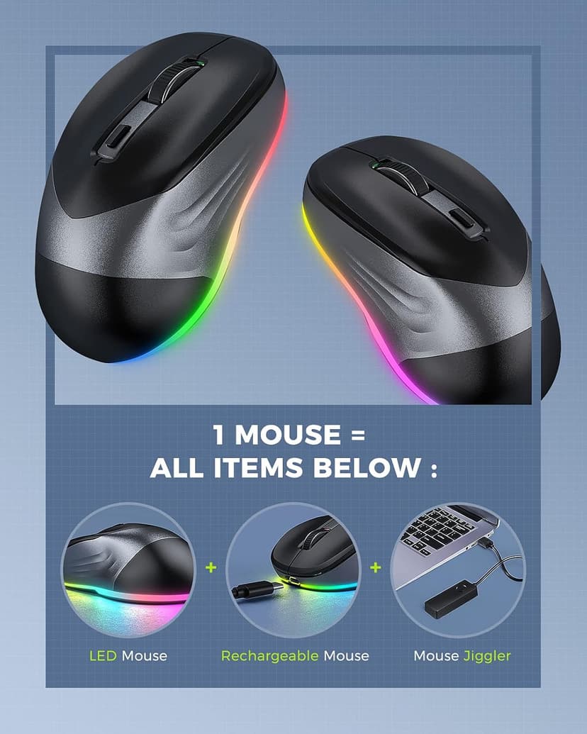 PEIOUS Wireless Mouse, Jiggler Mouse for Laptop - LED Mouse Rechargeable Computer Mice Mouse Mover Undetectable Random Movement with On/Off Button Keeps Computer Awake - Black&Grey