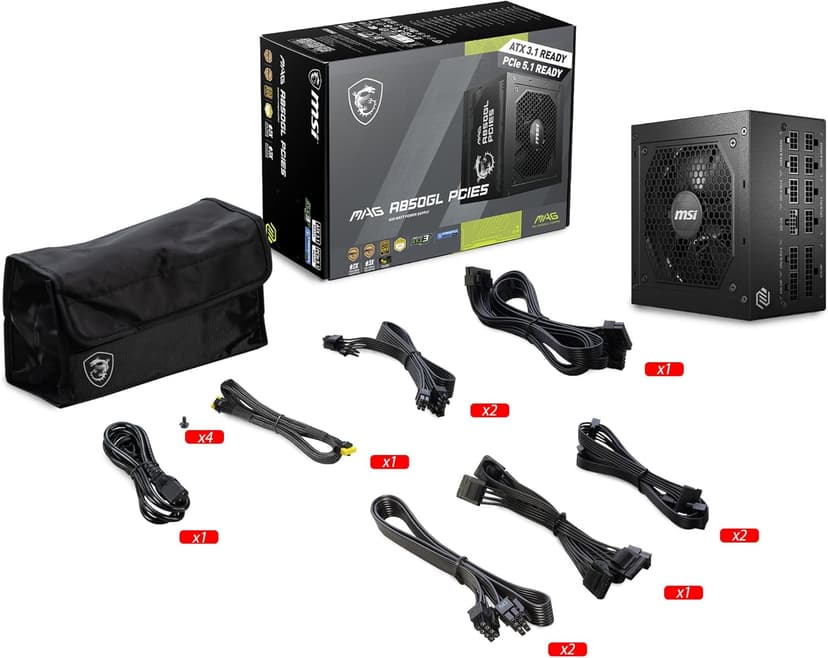 MSI MAG A850GL PCIE 5.1 & ATX 3.1 Gaming Power Supply - Full Modular - 80 Plus Gold Certified 850W - Compact Size - ATX PSU - 10 Year Warranty