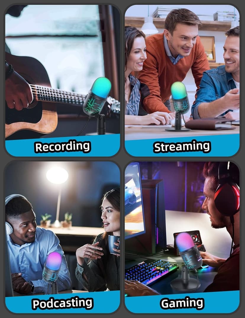Gaming Microphone, USB Computer Microphone for PC, Mac, PS4/5, Condenser Podcast Mic for Studio Recording, YouTube, Streaming, with Headphone Jack, Led Light, Mute, Gain, Noise Cancellation