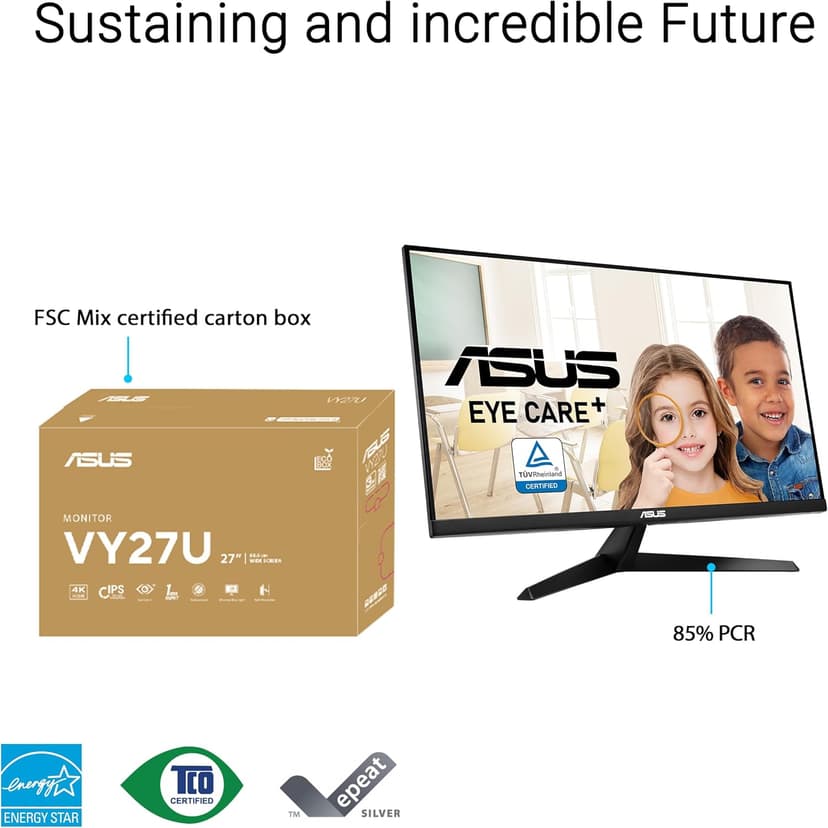 ASUS 27” 4K Eye Care Monitor (VY27UQ) - UHD (3840 x 2160), IPS, HDR10, Adaptive Sync, Eye Care Plus, Display Port, HDMI, Speaker, DisplayWidget, Blue Light Filter, Flicker Free, 3yr Warranty