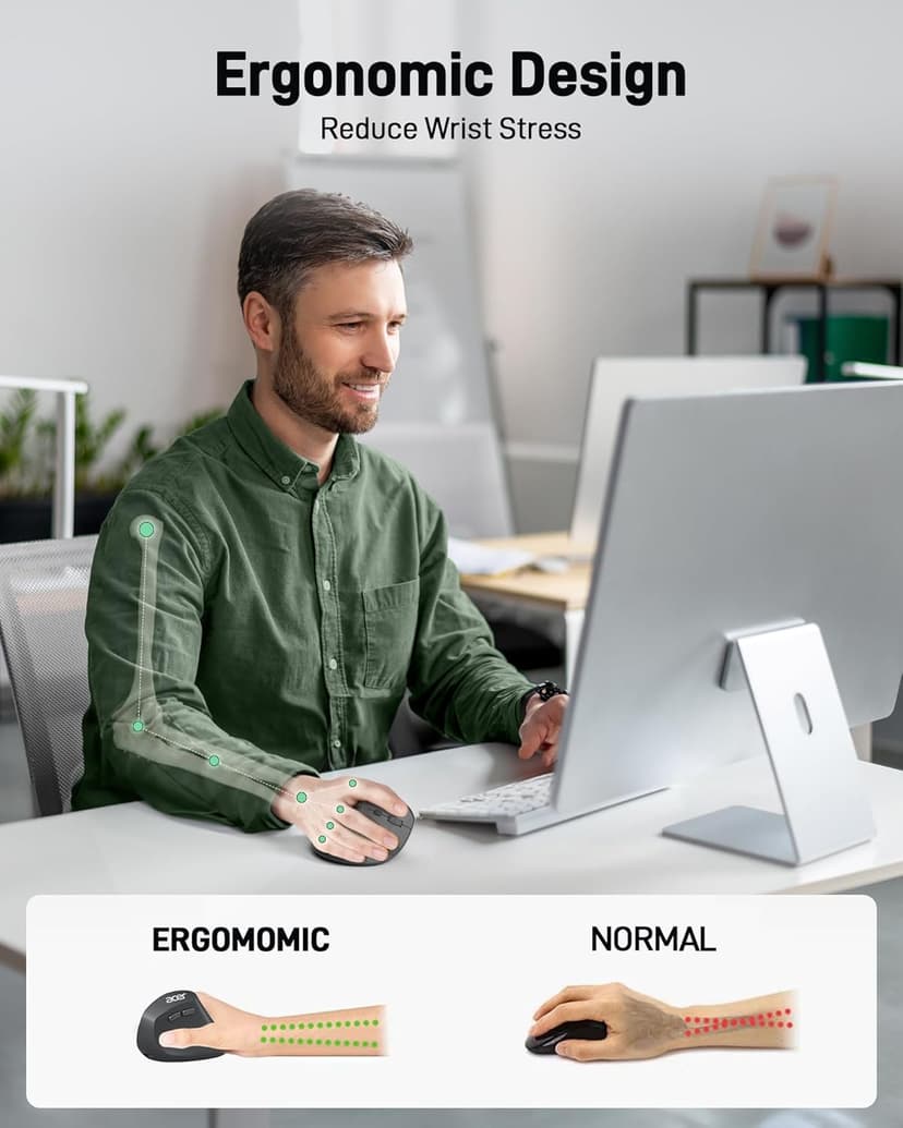 acer Ergonomic Mouse Wireless, 1000/1200/1600 Adjustable DPI Vertical Mouse with 6 Buttons, Rechargeable Ergo Mice with 2.4GHz USB Receiver for Computer, Laptop, PC, iMac and Desktop