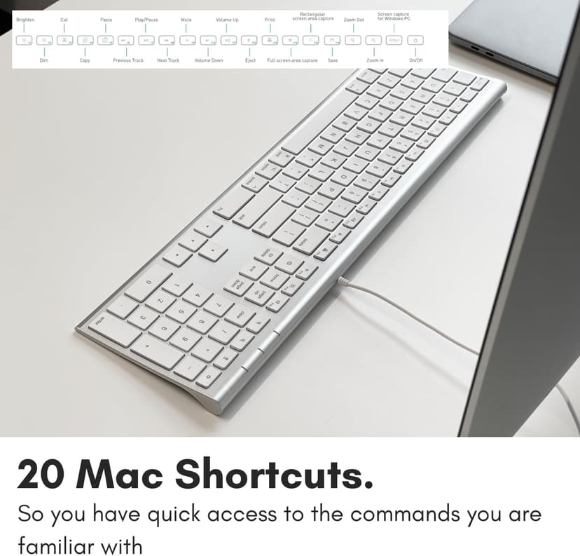 Macally Ultra Slim USB Wired Computer Keyboard - Compatible Apple Keyboard or Windows - Full Size with 20 Mac Keyboard Keys -with Numeric Keypad - Silver Aluminum Finish