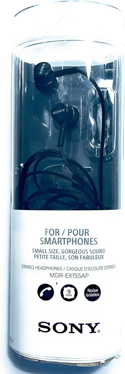 Sony MDREX155AP in-Ear Earbud Headphones/Headset with mic for Phone Call, Black (MDR-EX155AP/B)