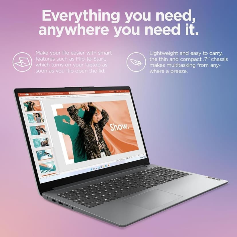 Lenovo IdeaPad 1i Laptop with Microsoft 365 Home and Business • 12GB RAM • 1TB Cloud Storage and 256GB SSD • Intel Core • 15 Anti-Glare Screen • WiFi-6 • 11HR Battery • Windows 11 • w/o Earbuds