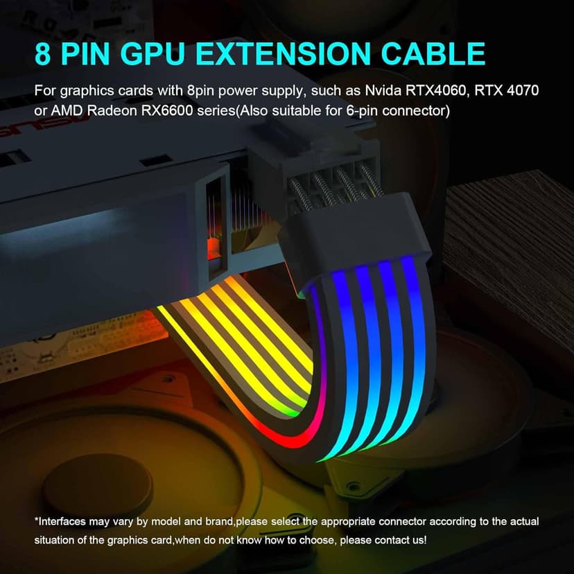 Sirlyr 8 Pin RGB GPU Cable,RGB PSU Cables Extension - Addressable 5V3Pin ARGB PC Case Decor for RTX 3060 4060 4070 Radeon RX 6600 580 Graphics Card Power Supply White