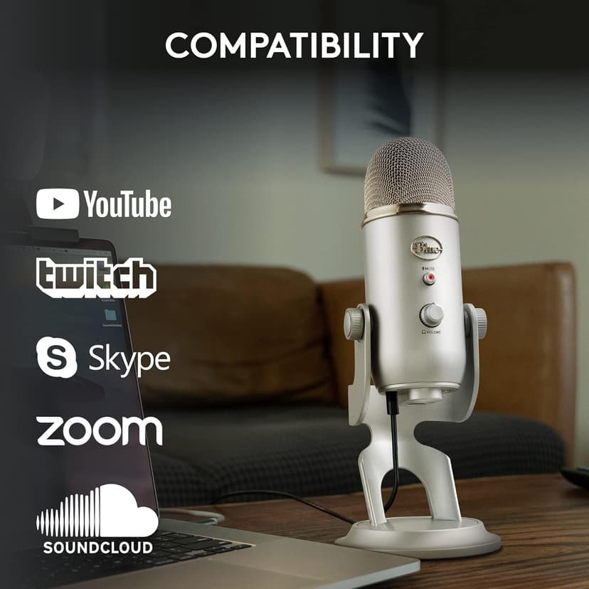 Logitech Creators Blue Yeti USB Microphone for Gaming, Streaming, Podcast, YouTube, Discord, PC, Studio Sound, Plug & Play-Silver