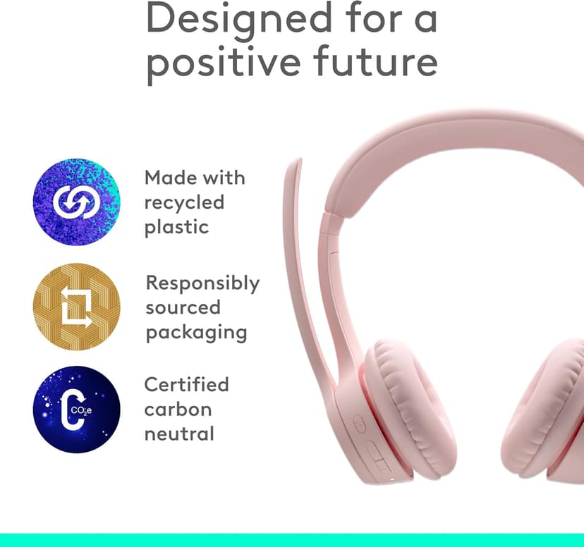 Logitech Zone 300 Wireless Bluetooth Headset with Noise-Canceling Microphone, Compatible with Windows, Mac, Chrome, Linux, iOS, iPadOS, Android – Rose (Renewed)