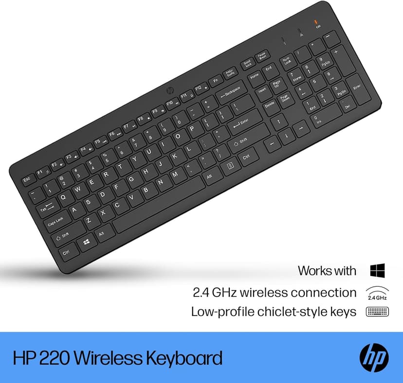 HP 220 Wireless Keyboard - 2.4GHz Connectivity w/Data Encryption - Low-Profile Chiclet Keys - Win/Mac - Laptop, PC Compatible - Shortcut Keys & Num Pad - LED Num, Caps, & Scroll Lock