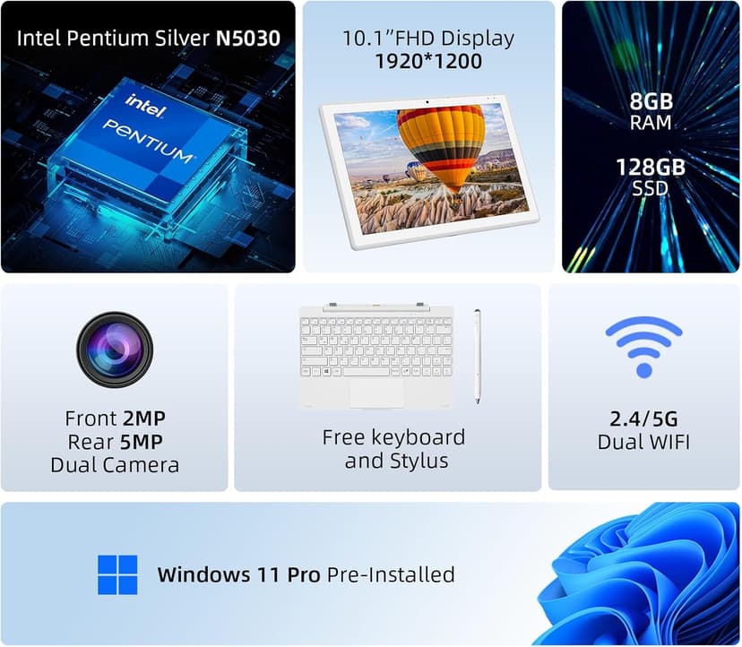 2-in-1 Detachable Touch Screen Laptop, 8GB DDR4 RAM, 128GB SSD, 10.1" Win 11 Tablet with Keyboard, Pentium N5030 (Up to 3.1GHz), Dual-Band WiFi, Bluetooth, USB 3.0, Dual Camera, White