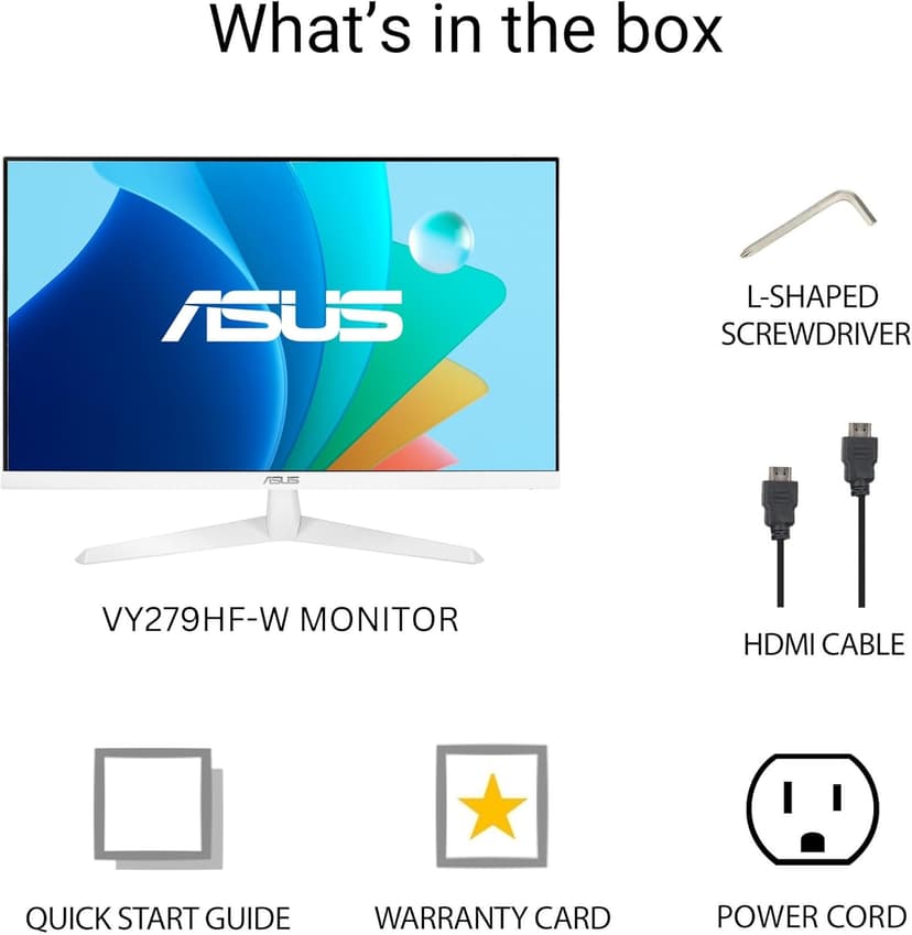 ASUS 27” 1080P Eye Care Monitor (VY279HF-W) - FHD, IPS, 100Hz, 1ms, Adaptive Sync, for Working and Gaming, Eye Care Plus technology, Blue Light Filter, Flicker Free, DisplayWidget Center, 3yr warranty