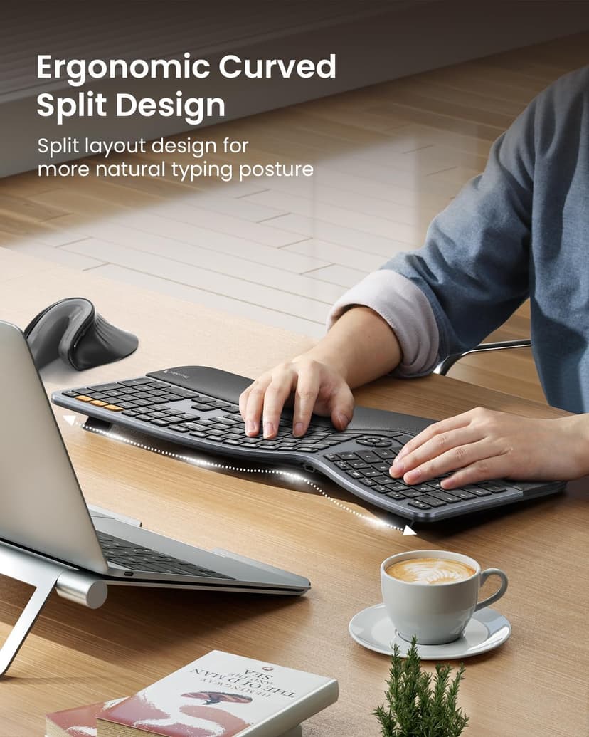ProtoArc Backlit Bluetooth Ergonomic Keyboard, EK01 Plus Full Size Wireless Split Keyboard with Dual Bluetooth and USB, Cushioned Wrist Rest, Rechargeable, Compatible with Windows/Mac/Android, Grey
