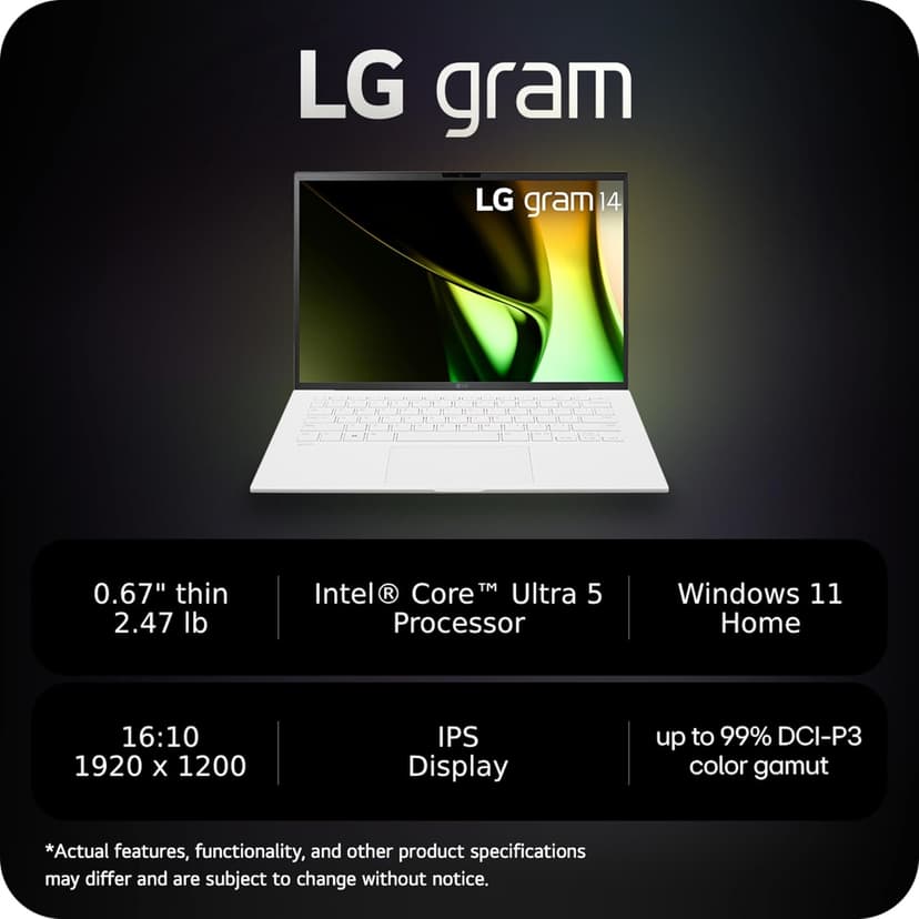 LG gram 14-Inch Lightweight Laptop Intel Evo Edition - Intel Core Ultra 5 Processor Windows 11 Home 8GB RAM 512GB SSD - White